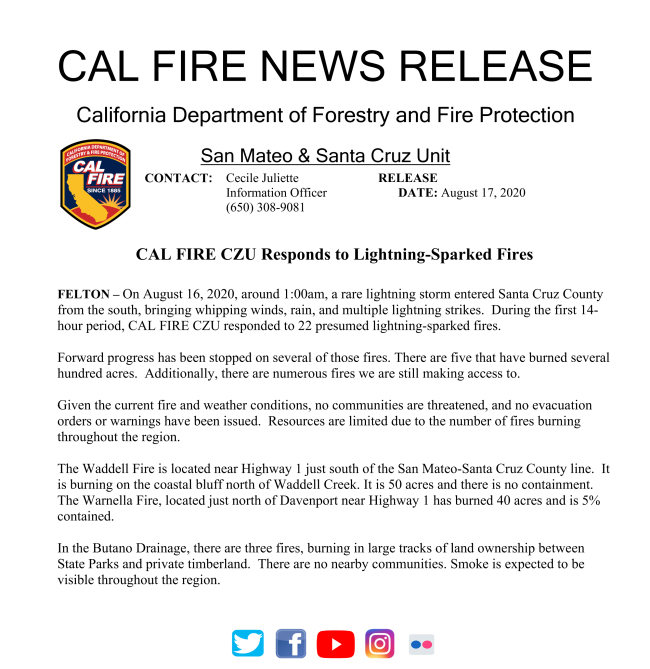 CAL FIRE CZU San Mateo Santa Cruz Unit NEWS RELEASE Response